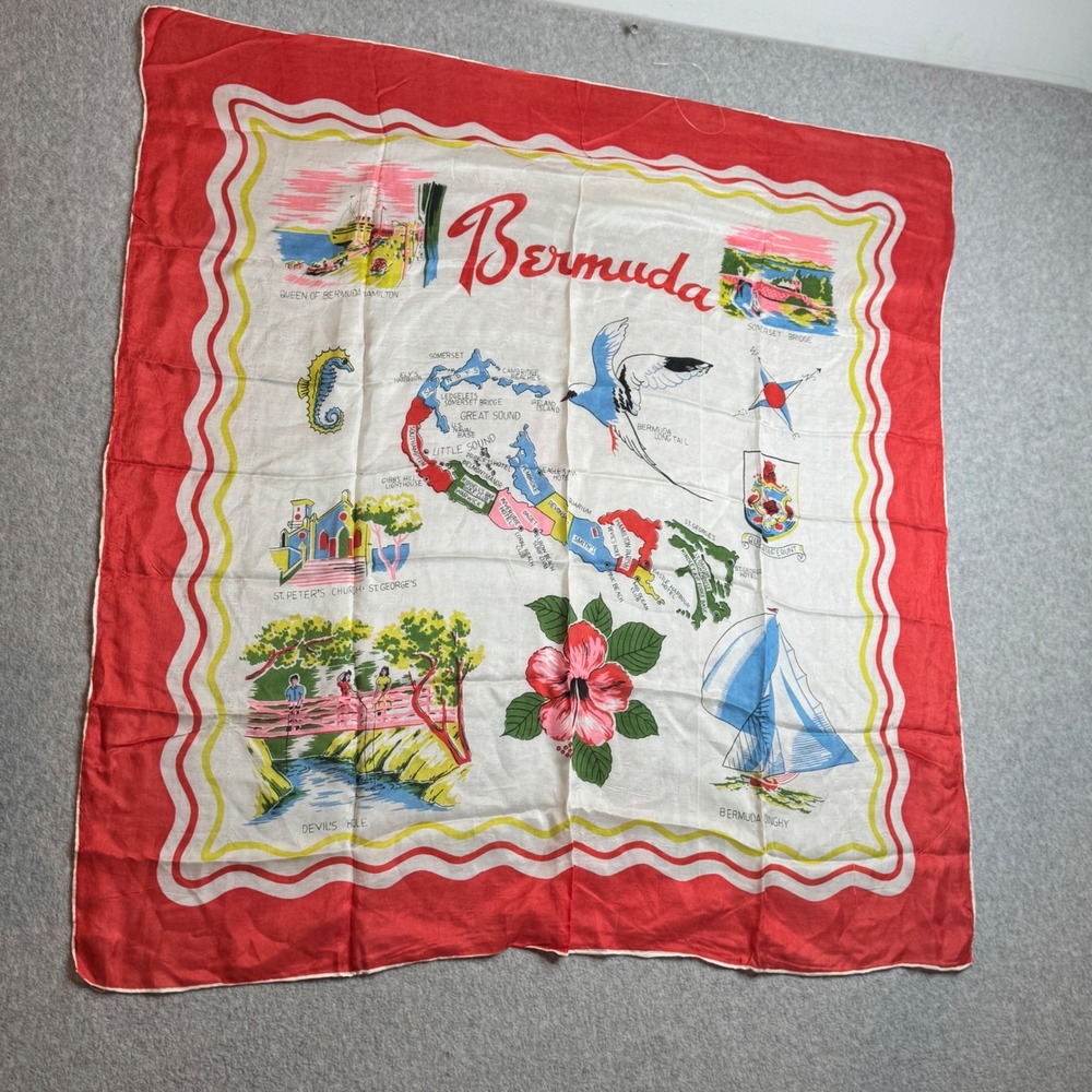 1950s Pure Silk Scarf Bermuda Map True Vintage